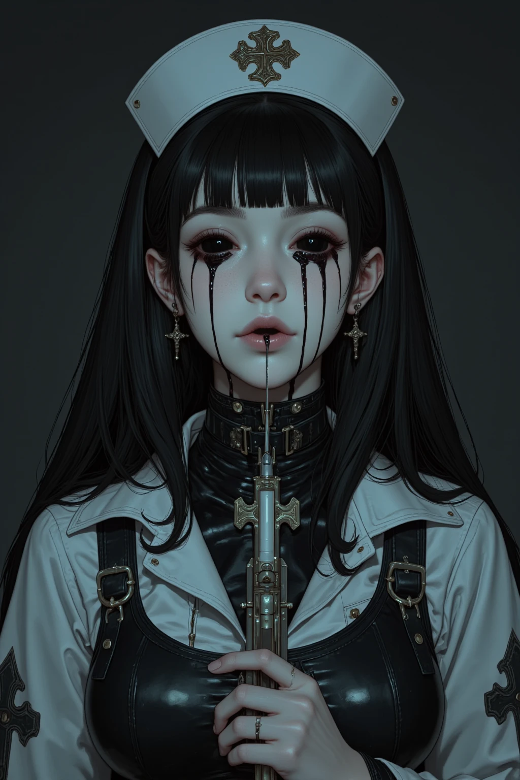 (masterpiece:1.2, best quality), (finely detailed beautiful eyes: 1.2), (detailed background,dark fantasy), (beautiful detailed face), high contrast, (best illumination, an extremely delicate and beautiful), ((cinematic light)), colorful, hyper detail, dramatic light, intricate details, (1girl, solo,black hair, sharp face,low twintails,red eyes, hair between eyes,dynamic angle), (blood splatter:1.4), swirling black light around the character, depth of field,black light particles,(broken glass),magic circle, f