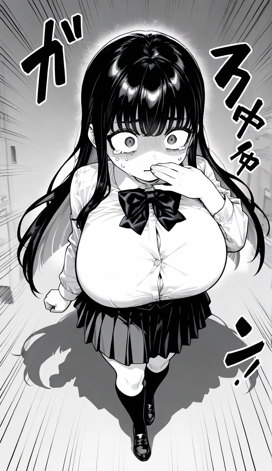 female police officer、Uniform is exposed、black hair、one knot、Button pops、saluting、big breasts