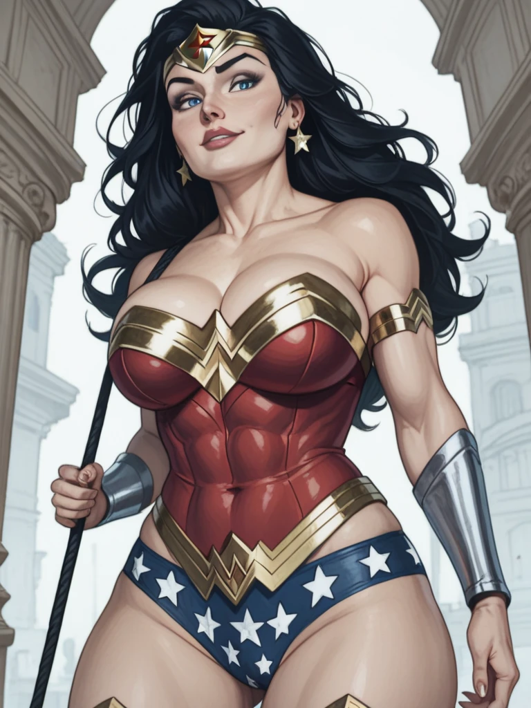 (((wonder woman standing confidently in boys bedroom, spacious modern boys bedroom with clothes on floor and door open showing hallway, tv and xbox on table behind her, bean bag chair))), short metal skirt, red bustier tucked in, cleavage overflowing, high heel boots:1.2, golden lasso whip attached to hip, skinny elegant arms, thick long legs, 1girl:1.3, milf, juicy ass, fully clothed, modest, sfw, beautiful milf, 36 years old, high wide cheekbones, gal gadot face:1, a beautiful jewish woman, brown hair, rare, unique image, trending))), ((tall woman)), ((((absurdly massive breasts that are overflowing from red bustier, skin dentation, cleavage is overflowing)))), EE-cup breasts, gal gadot with 20x larger beasts:1.4, massive plump lips:1, wide lips, ((muted colors)), (((masterpiece:1.3, 4k, 8k, hd, skin texture:1.3, detailed face and eyes:1.4, big detailed lips, bright light, professional, ultra realistic:1.3, rare, unique image, trending))), huge lips:1.4, wide lips, (((muted colors, high skin texture, film grain:1.3))), #character #superhero #dc #dc comics #wonder woman