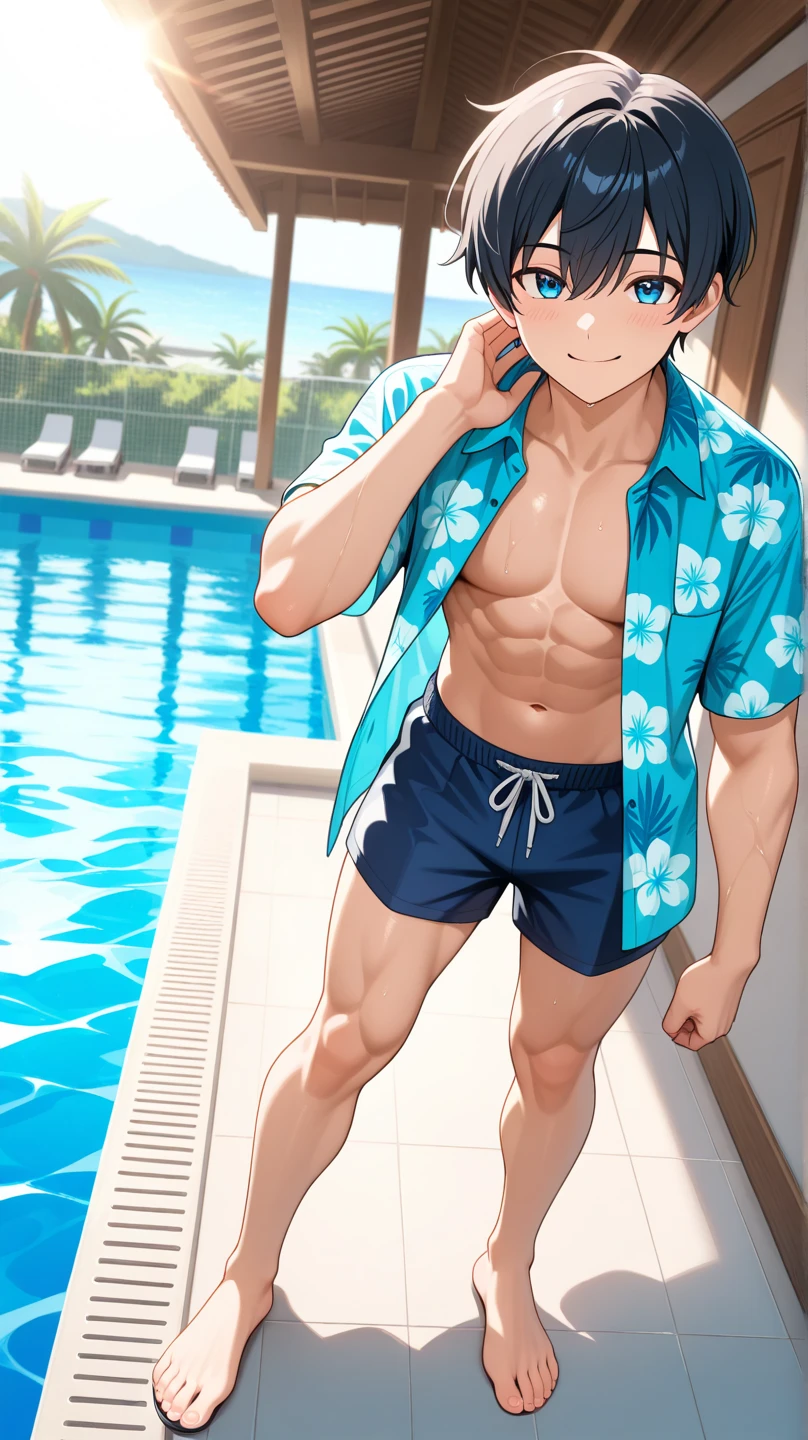 身穿黑色泳衣的anime boy在泳池边摆姿势, Cool anime poses, Anime handsome man, Tall anime man with blue eyes, Shirtless, Perfect body, Male anime characters, Young anime man, muscular!!, anime boy, Shikano Makoto, Shirtless :: High Detail, Sweating of the skin!!, Kirito, His palms are sweaty, Wear a swimsuit
