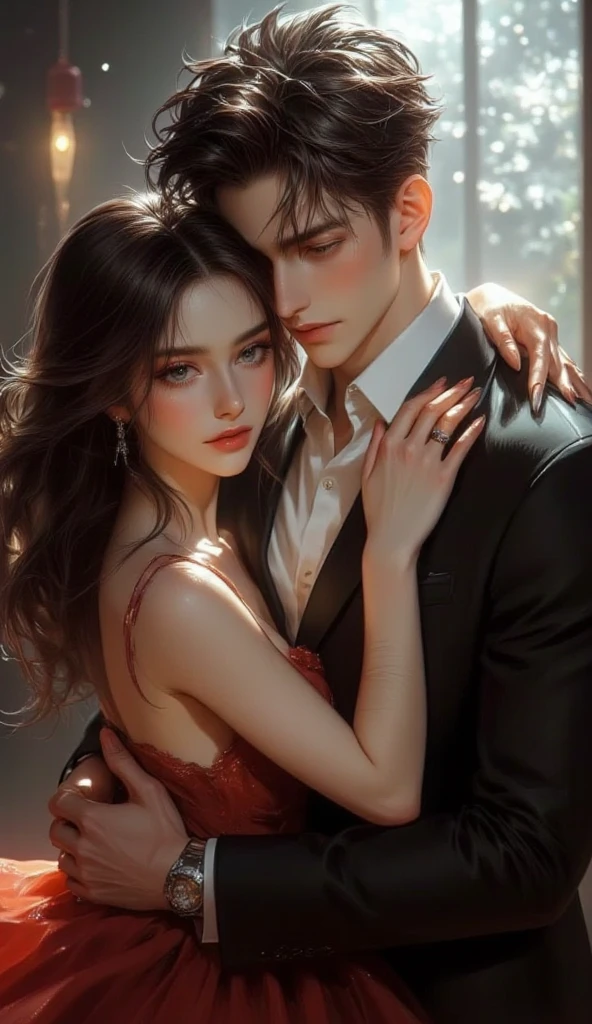 Close up portrait of a person with woman in dress, romance book cover, romance novel cover, wearing black dress, romance book cover style, romantic style, contemporary, quiet attire, promotional still, dim lighting
