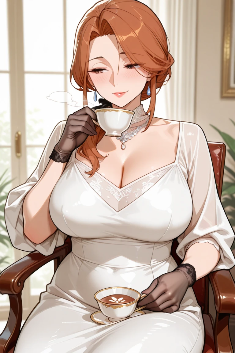 (In perspective) gorgeous and sexy brunette woman、perfect 23 year old secretary、straight hair、ponytail、oily silky white skin (Moist) thick lips, (photorealistic:photorealistic, 8K masterpiece), big breasts wearing tight white dress shirt (chest highlights), sitting at a restaurant table with a cup of coffee (hyperrealistic: realistic, Environments with complex details), The presence of sensual features on the face: (Textures and Environments Professional Photography Pure and Perfect Lighting).