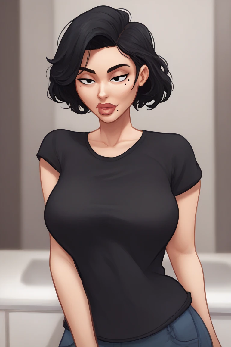 lips,tall, milf,  beauty mark, medium breasts, cool face, brunnete, short curvy hair, black hair, (((character for visual novel))), Black T-shirt , masterpiece, at home