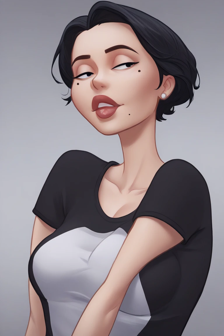 lips,tall, milf,  beauty mark, medium breasts, cool face, brunnete, short curvy hair, black hair, (((character for visual novel))), Black T-shirt , masterpiece, at home
