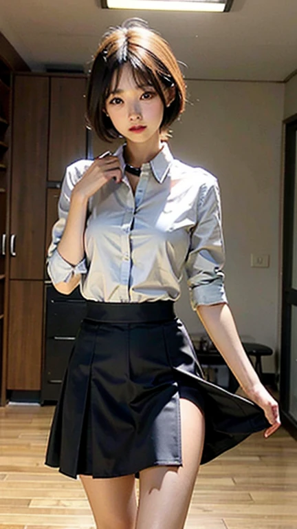 (((Dressing:1.8))), ((Dress up reliably:1.8)), (((pantie shot:1.8))), (((Show the camera everything about your panties:1.8))), ((Lifted skirt:1.8)), (((cop uniform:1.8, Blue shirt with collar:1.5, Black Pencil Skirt:1.5, Panties with a small area:1.5))), ((Stand in front of a police car:1.8)), ((Embarrassed look:1.8)), 1girl in, 独奏, 18year old, 7headed body, Ideal ratio body proportions, erectile nipple, short-hair, A dark-haired, With bangs, small tits, A slender, Small buttocks, beauty legs, Skinny Legs, surrealism, Cinematic lighting, depth of fields, One-person viewpoint, F/1.8, 135 mm, nffsw, masutepiece, ccurate, ((Anatomically correct:1.3)), Textured skin, Super Detail, high details, High quality, awardwinning, Best Quality, hight resolution, 8K