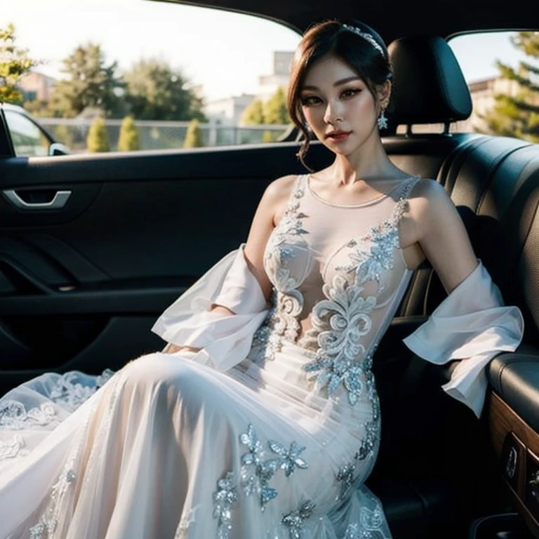 A girl in a wedding dress in a red car on the side of the road