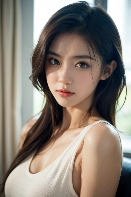 (masterpiece:1.2), (photorealistic:1.2), (best quality),((realistic:1.3)), (detailed skin:1.3), (intricate details), dramatic, ray tracing,finely detailed, quality,realistic lighting,large breasts,1girl,aalisa, long hair, T-shirt smile,looking at viewer, 