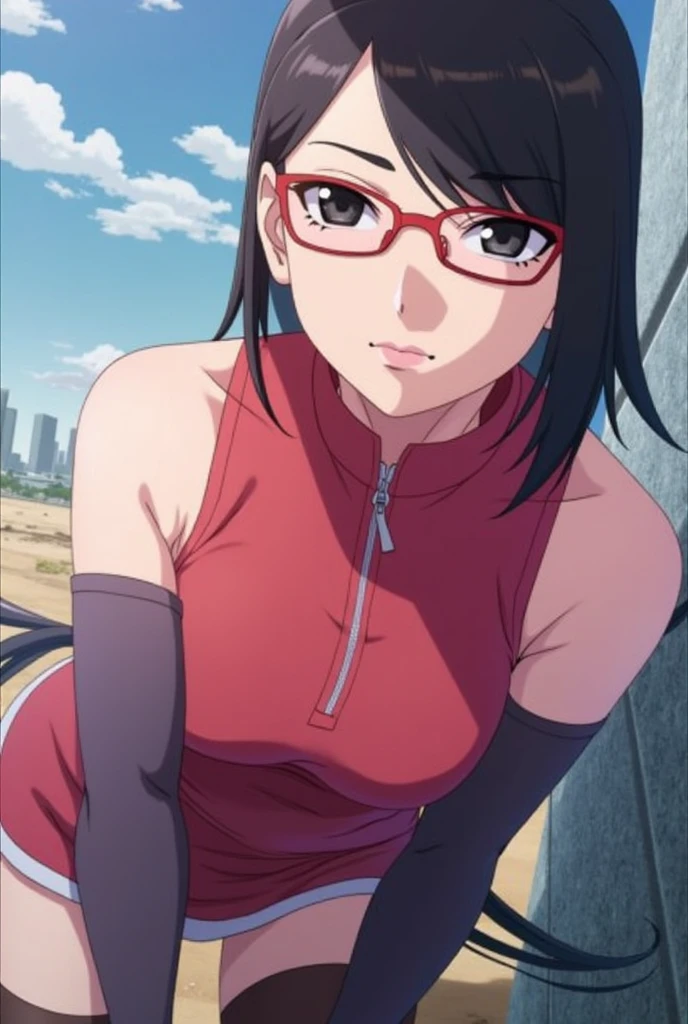 masterpiece, ((anime screencap)), source_anime, score_9_up, score_8_up, score_7_up, extra detailed, attention to detail, 8k resolution, (huge breasts), model pose, perfectly detailed facial features, cringey pose, dynamic angle, on bench, in public park, arms behind her back, half closed eyes, teasing, smile, front view, pov, breasts hanging, open jacket, white pants, looking at viewer, forehead protector, anime screencap, cinematic lighting, cinematic angle, soft light, color detail, backlighting, Depth of field, long exposure, light steps, intricate colors, vibrant colors, Sarada Uchiha, solo, 1girl, black hair, short hair, red-framed eyewear, glasses, nothing under jacket but not naked