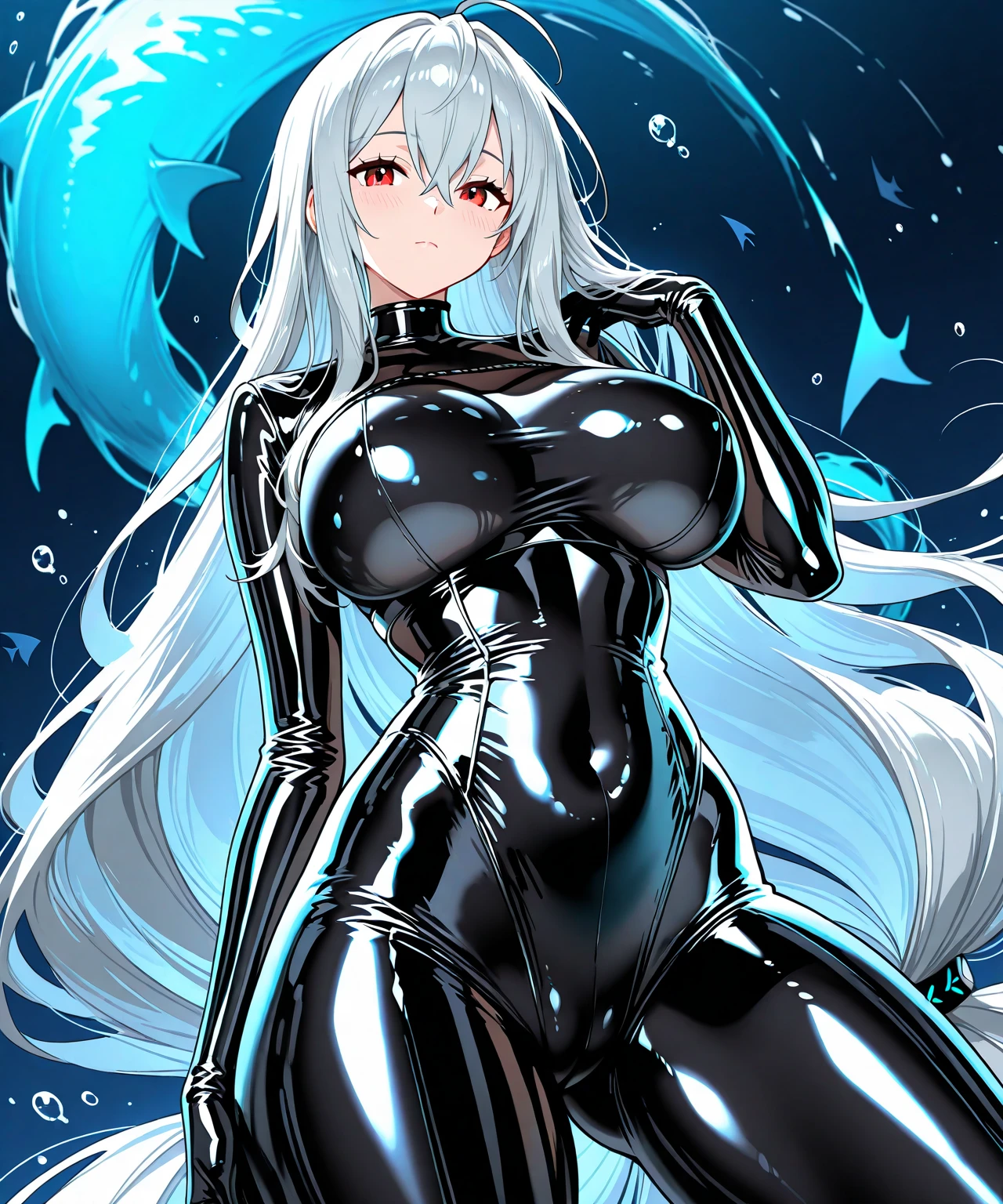 (masterpiece), best quality, expressive eyes, perfect face, 1girl, solo, huge breasts, , blunt bangs, hourglass figure, milf, mother, long hair, wavy hair, (light blue hair BREAK light blue eyes BREAK) lipstick, glaring, closed mouth, latex bodysuit, shiny suit, black bodysuit, desert, sand, landscape, day, from behind, looking back, big butt