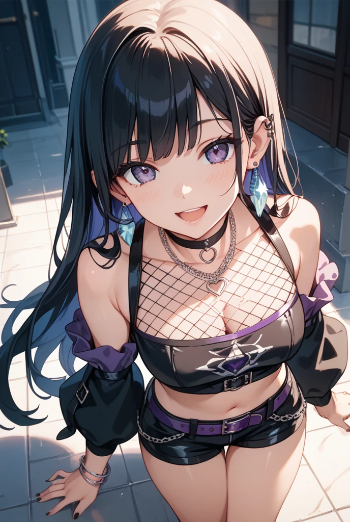 1girl, (solo:1.2), ((masterpiece)), [slim], (small chest), pale skin, ((detailed eyes)), (bokeh effect), dynamic pose, medium shot, keqingdef, purple hair, hair vent, purple dress, closed mouth, smiling, bare shoulders