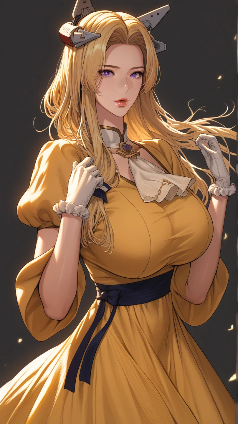 Full body, beautiful yellow eyes, blush, cute face, realistic, 8k, best quality, masterpiece, high resolution, (1 cute woman, solo: 1.1), very big breasts, long yellow hair, yellow dress, yellow elbow gloves, yellow high heel boots