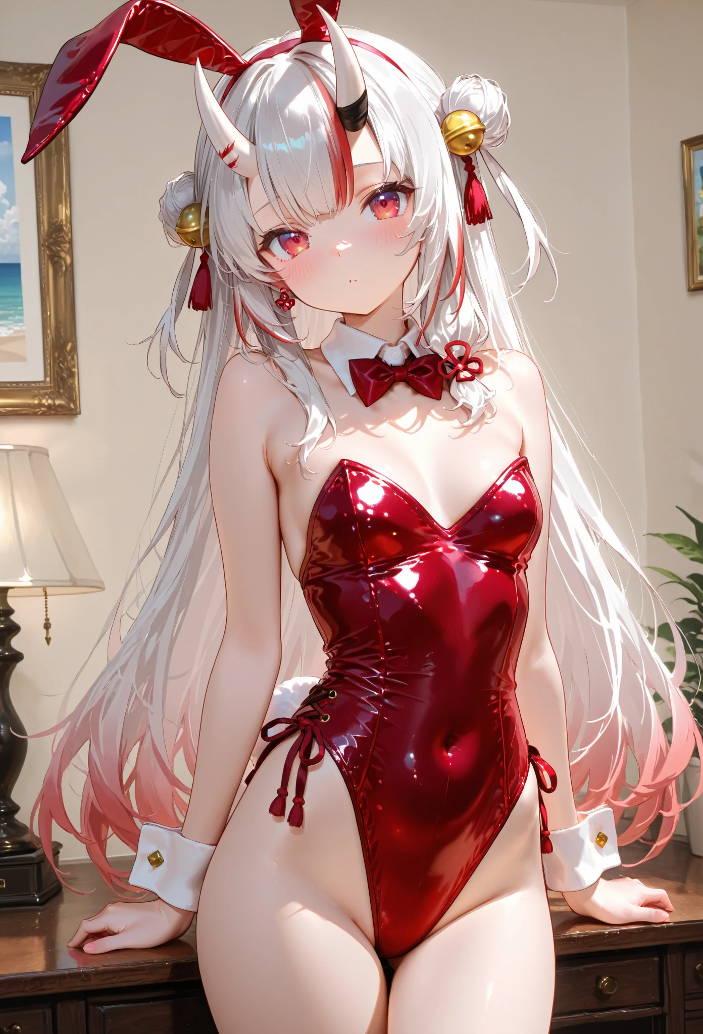Silver hair, pink eyes, body, cat ears, sexy girl, earrings, background fantasy, red pink uniform, hair bows, sit down, happy face