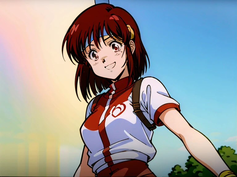 ((masterpiece, highest quality;1.3)), super detailed, 8k unity wallpaper, cg, ray tracing, figure, colorful, cinematic shadow, Highly detailed and beautiful background,VHD, VRay shading,RT, 1 girl,wearing a leotard, Anyway, smile, teenage, open your mouth, Smile, red noodles, alone, brown eyes, red noodles, (brown hair), (medium hair), shine, shine light, super detailed, scenic, in the atmosphere(highest qualityのmasterpiece:1.4),accurate limbs,open your mouth,anime,Doujin illustration,Character design figure,three size:B80-W58-H83,See pixiv trends,Aim for the top!,Noriko Takaya,Hot-blooded girl!!,bandana girl,The main character of Aim for the top,Gunbuster!,1 girl, alone, head band,Wearing a bandanaして出力,Leotard underneath, under clothes, background, simple background, Upper body, bandana, brown eyes,Mikimoto Haruhiko style illustration,smile,under clothesのレオタード,(red.9.Pink 1,)belly button,happiness,good impression,Nishishi,she looks like a cute little sister,Make cute gestures,Noriko Takaya,1 girl, medium hair,brown hair,brown eyes ,under clothes,smile,red gymnastics, short hair, Wristband,bangs, cute face,open your mouth, hair band,Wearing a bandana,smile, , Gunbuster!,