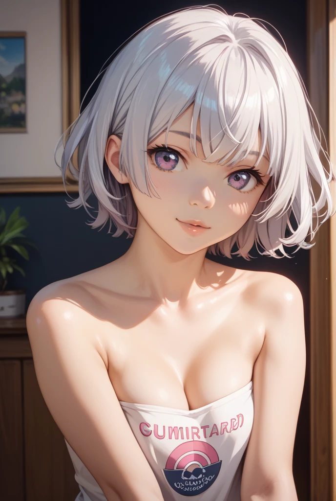 Best Quality, Masterpiece, Ultra High Resolution, (Film Grain: 1.4), Digital Photography, short white hair, ponytail, red eyes, Film Lighting, (Fuji Color: 1.2) Portrait,, 1 girl, solo, naked, nude, facing the audience, smiling, (face close-up), looking at the audience, snowy mountains in the background (realistic: 1.2) sex, sexy, erotic pose, sexy pose, sex position. (small breasts 1.6)