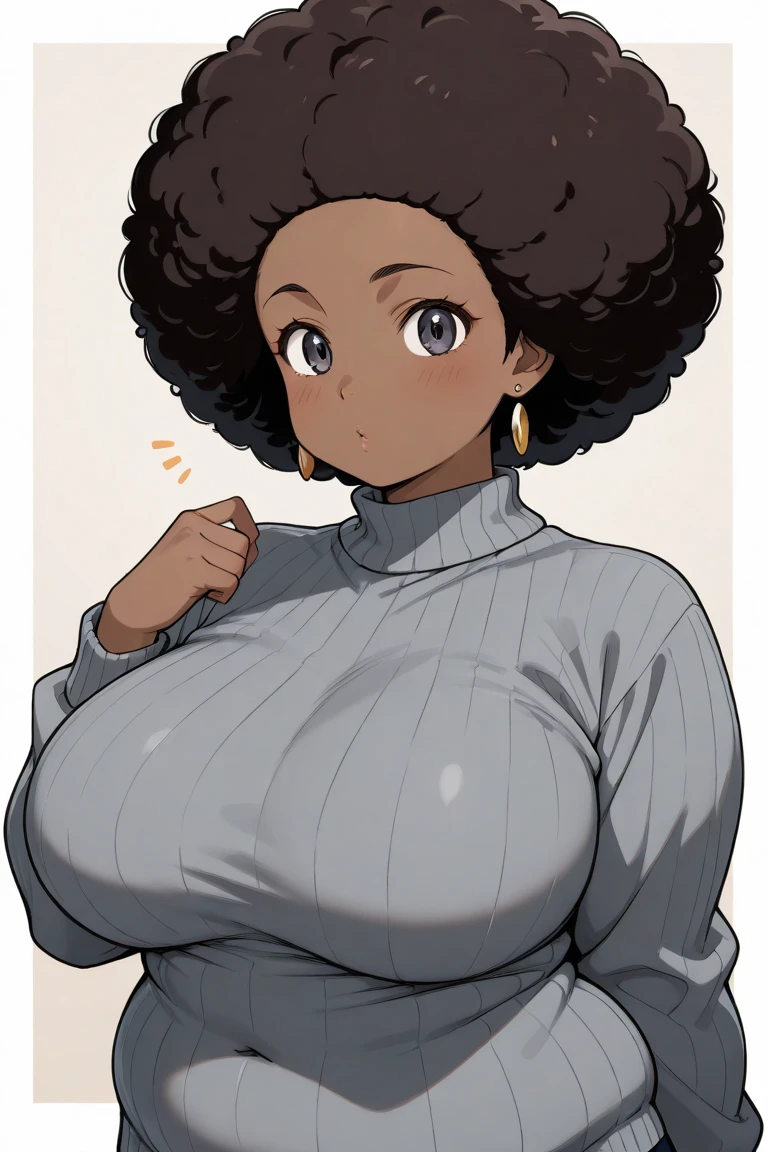 black, white grey, <lora:balak:0.6>, full lips, dark eyes, ((dark skin)), black curly hair, lineart, afrofuturism, mom,white sleeveless sweater, plump, ((coy)), very detailed illustration, 1girl, ((huge breasts)), glasses, absurdres, highres, high quality, masterpiece, detailed eyes,looking at viewer, upper body, arms behind back, cartoon, comic style, hairy armpit, black skin, afro