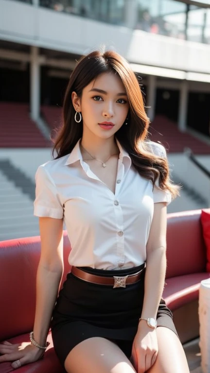 (Masterpiece, best quality, alone, รายละเอียดที่complicated, Chromatic aberration), realistic, ((Big chest, tight shirt)), hair in one eye,purple eyes, Large round hoop earrings 15 cm.., sharp eyes, choker, gemstone pendant,(symmetrical eyes),(Perfect symmetrical body),Photo of a beautiful teenage girl of 22 years old,(fit the body), Beautiful and charming with contemporary fashion paintings as well.., looking at the audience, ((Behind the scenes of the football stadium)), (black short skirt), (white short sleeve shirt, Form fitting shirt., Unbuttoning 3 buttons, Revealing breasts), (blue lab coat ),((A short black pencil skirt with a deep slit on the side...)), sugar belt, ((Put your hands down.)),Blue blonde hair, Bob, long hair, Side flatness,round chin, Art lens 85mm, Sharp focus, High resolution 8K, Crazy details, complicated, elegant,Sitting on the steps of the stadium, Lift one leg to eye level.., legs slightly apart.,Pose like a model,dynamic,mahalaiuniform
