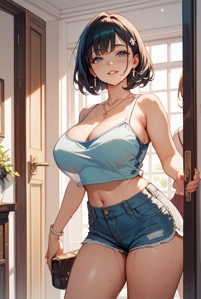 A 12-year-old girl, very beautiful with childish features, big eyes of light green color, long hair of black color and bright, wearing only panties and lacy blue bra very tight to the body, she has a thin body and with giant and huge breasts, she is sitting on the floor of the square on a sunny day