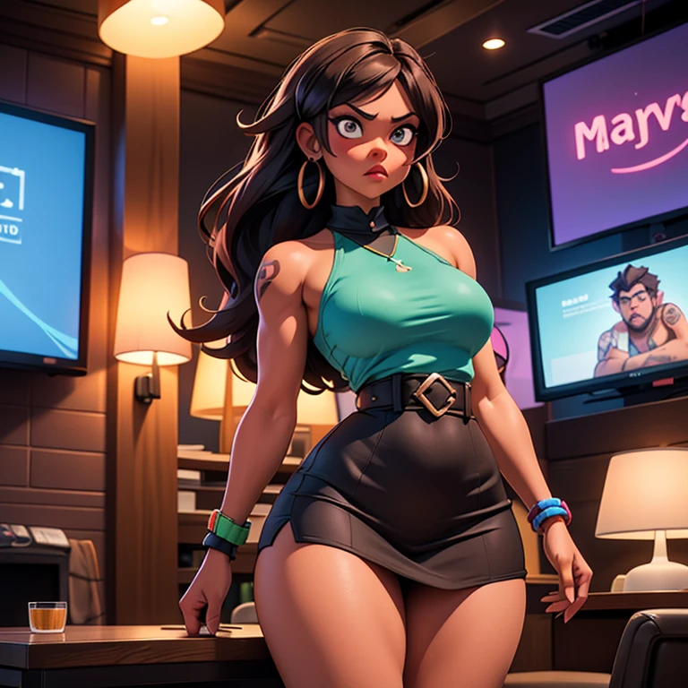 cute American model with stunning 3D resolution 12K character in [gritty Hip-Hop] style, [squatting], panties, [wearing leather jacket], elaborate clothing, big breasts, big ass, hourglass body, headphones, big dark gold glasses, long curly dark hair, [shows butt], looks at viewer, smile, chibi in detailed, background detailed graffiti, highly detailed, bright colors, ultra high quality, Hyperrealism, Photorealism, [octane render].