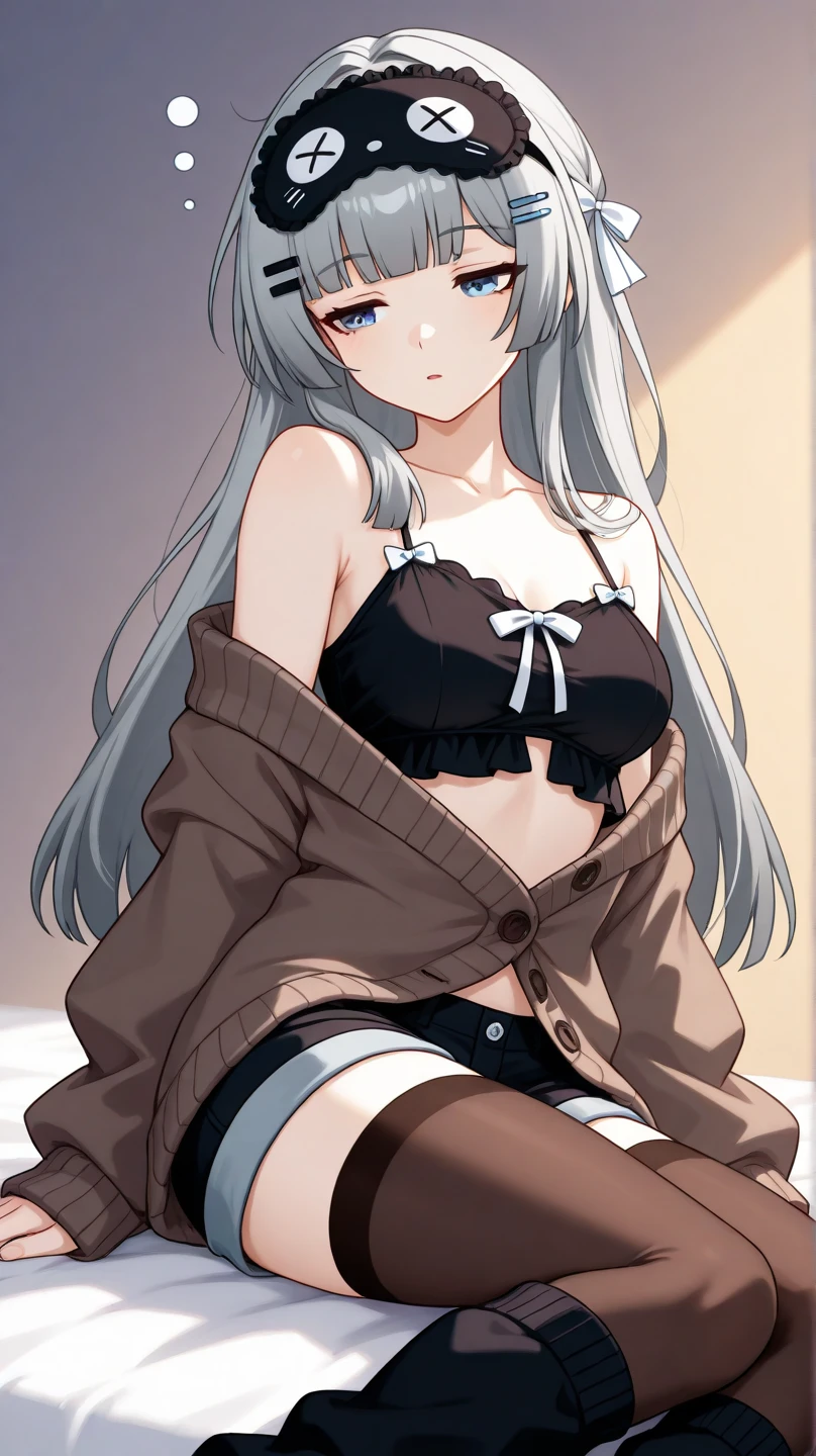 <lora:PrisonClothesOfMerkuriaV1[prison clothes,metal collar,off-shoulder][striped headwear]:0.9> prison clothes, striped, off shoulder, striped headwear, groin, no panties, torn shirt,, ultra detailed, masterpiece, best quality, aesthetic, detailed,, serious, 1girl, (white eyes:1.1), (grey eyes:1.3), white hair, very long hair, parted hair, parted bangs, <lora:parted_hair_v1.3:1.3>, medium breasts,
