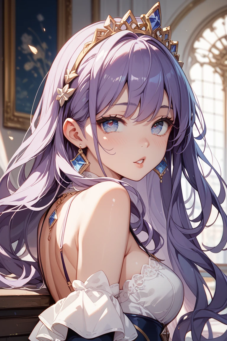 mature woman, 1girl, (masterpiece, best quality, extremely detailed), sharp focus, detailed face, face focus, extremely detailed eyes, long hair, crown braid, hair over the shoulders, (purple hair: 1.3), purple eyes, (sparkling eyes: 1.2), long eyelashes, (strong blush, drunk: 1.2), delicate makeup, big breasts, ((pink and white complicated dress, bare shoulders, décolleté)), ((dusk, holding diamond shard, discovery, bamboo shoots background, grass,  green particles around, calm lake, cherry blossom background, breeze)), cinematic lighting, edge lightning, ray tracing, shading, dynamic angle, full-length image, walks,