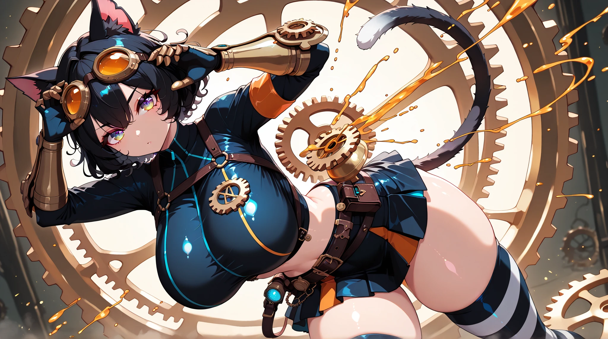 Woman in dress stands in front of giant robot, Don Mitts, portrait of sofia vergara, Promotional Art, attractive brown hair woman, Retropunk, The main character in the foreground, Inspired by Louis Paul, mechanic, anime visual of a young woman, Compute Shaders, Inspired by Donato Giancola, youtube thumbnail, Chrome Art ,thighs thighs thighs thighs, chubby, Big buttocks, Huge breasts, girl,