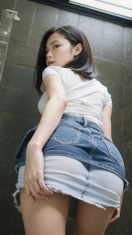 masterpiece,highest quality,very detailed,A beautiful Japanese woman, small face,thin face,beautiful face,(black hair,straight bob:1.1, bangs bangs),black eyes,((very muscular thighs)),(((very thick thighs))),(((Thighs with prominent blood vessels and veins))),(((Thighs with visible muscle lines))),((Thighs with noticeable muscle undulations)),shiny thighs,((Thigh gap)),((Lean upper body)),((upper body without muscles)),(((thin waist))),((narrow waist)).((thin ribs)),((narrow ribs)),(((big ass))),(wide pelvis),swollen lower abdomen,swollen lower abdomen部((oily skin)),(anatomically correct), All limbs, full finger,I was scared,panic,constricted pupils,screaming,raised eyebrows,Are crying,tears,(frown),(((blush))),(((painful expression))),(((open your mouth wide))),(((cry))),(((shout))),(((anger))),(((be scared))),
and,(((white blouse))), (((Super tight denim hot pants super high leg high waist))), (((Wear your clothes properly))),(((wearing clothes))),((white, thin, see-through panties)),Extensive pubic hair,Very hairy,((Open Cameltoe)),(((cameltoe))),detailed and perfect face, detailed and perfect hands, 
BREAKFull body angle,leaning forward,have to pee,cover the crotch,(((hand between legs))),put your knees together and separate your feet,simple background,Front view