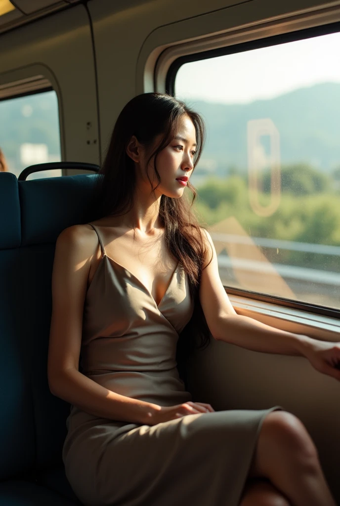 editorial photography,super detailed background,Super realistic,double exposure,depth of field,beauty cute super slender skinny vides,soft_focus tone,narrative scene,A woman on a train, a perspective from outside the train,