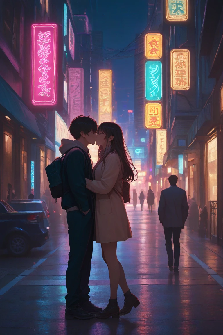(best quality,ultra-detailed,realistic:1.37),humor,comic style,bold lines,vibrant colors, Close to cold colors,reduce saturation,beautiful night scene, saturday lover,girl and boy, joyful couple, laughter, love in the air, city lights, intersection, In a busy downtown area at night, high rise residential building Dark city silhouette background:2.0, Accurate perspective,