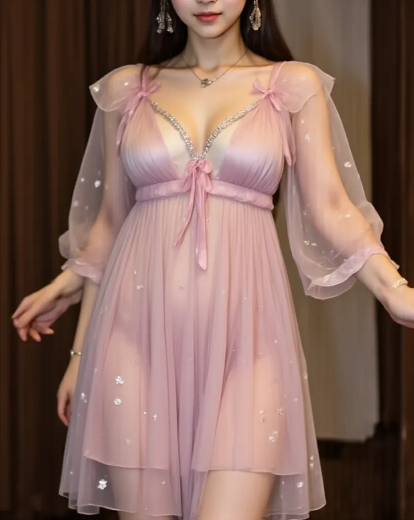 a young asian girl, full body, wearing a transparent pink golden lolita dresses, big ribbon ornament on hair, floral earrings, a penis penetration on vagina,