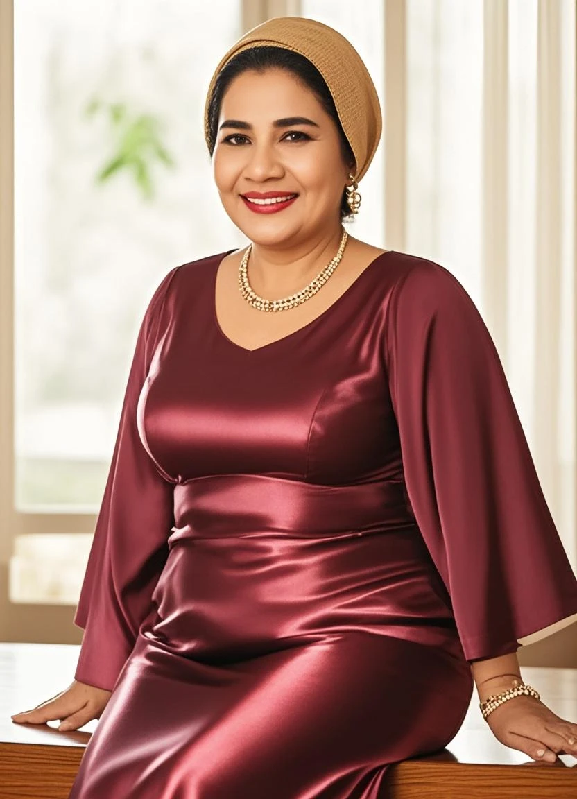 RAW, Best quality, high resolution, Masterpiece: 1.3, Indonesian woman hijab Muslim, (30 years),body slim, plump, wearing a white robe, dress, beautiful with pearl skinned Javanese hijabi wearing tribal slaves, heels, Masterpiece, Soft smile, sitting by the villa swimming pool