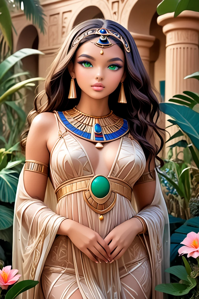 A hyper-realistic portrayal of Hathor, the ancient Egyptian goddess of beauty, love, and joy. She stands gracefully, her figure embodying divine femininity, with a slender yet voluptuous form. Her skin is a rich, warm bronze, glowing with a subtle, ethereal light. Hathor's face is serene and captivating, with large almond-shaped eyes that are deep brown and filled with compassion. Her lips are full and slightly curved in a gentle, knowing smile. She wears an elaborate headdress featuring a sun disk encircled by cow horns, symbolizing her role as a sky goddess and mother figure. Her long, dark hair flows freely down her back, adorned with intricate gold and turquoise beads. Hathor is dressed in a flowing, sheer white gown, delicately embroidered with gold threads that catch the light, emphasizing her divine status. Around her neck, she wears a broad collar of turquoise, lapis lazuli, and gold, shimmering with each movement. The background is a lush, vibrant landscape of the Nile, with palm trees and lotuses in bloom, symbolizing fertility and life. The entire scene exudes a sense of harmony, joy, and the nurturing presence of Hathor."