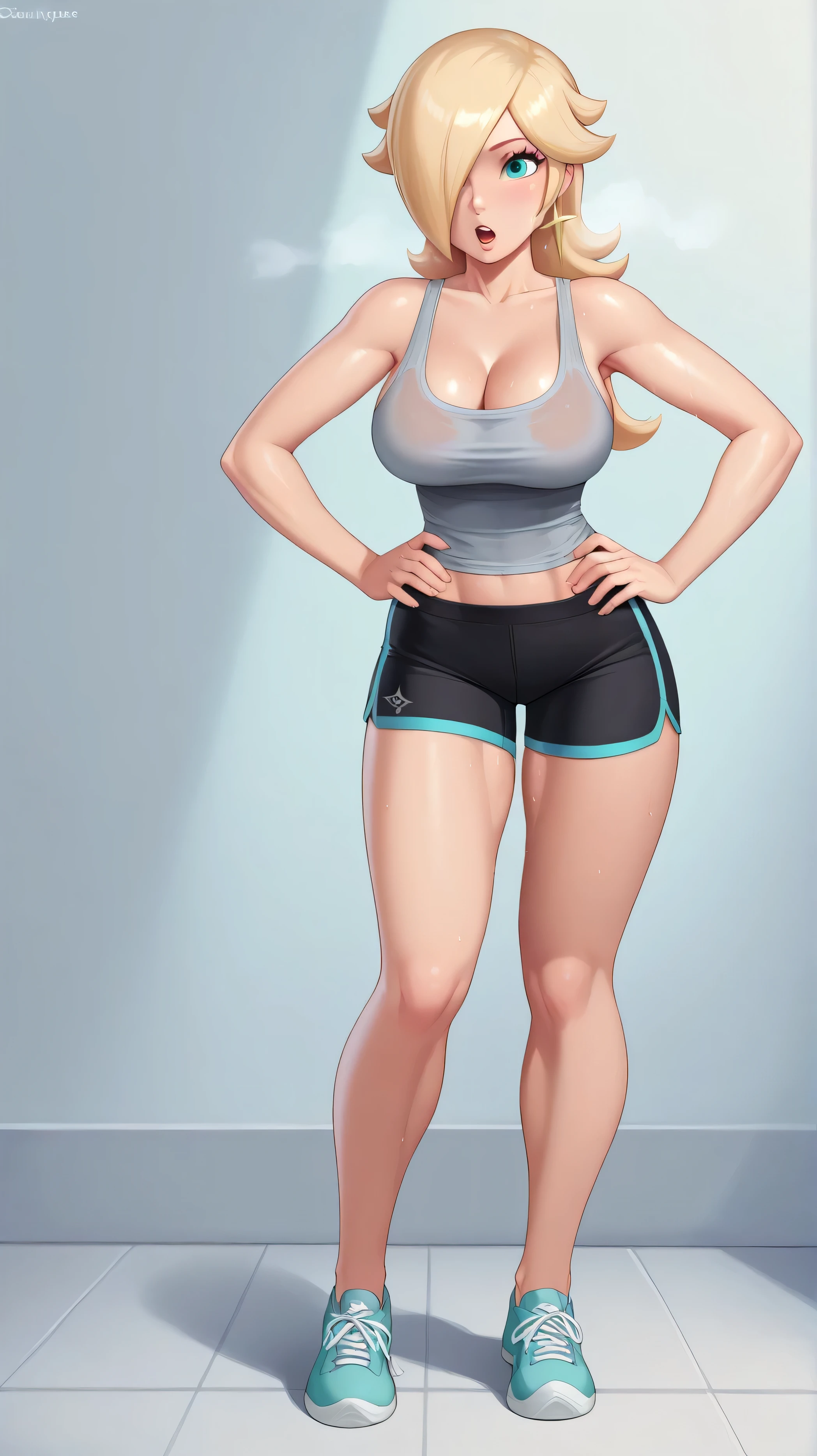 rosalina, blonde hair, long hair, hair over one eye, aqua eyes, cowboy shot, brown eyes, looking at the ground, large breasts, hands on hips, grey tanktop, sweaty, black shorts, extausted, open mouth, dripping sweat, sweating purfusly, chin sweating, arms sweaty, breathing, steam coming out her mouth, full body, sexy
