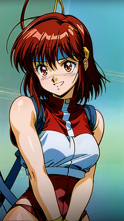 <lora:OobariMasami:0.8>,retro artstyle, 1990s (style), 1girl, solo, long hair, breasts, large breasts, red eyes, bare shoulders, sleeveless, orange hair, turtleneck, sleeveless turtleneck