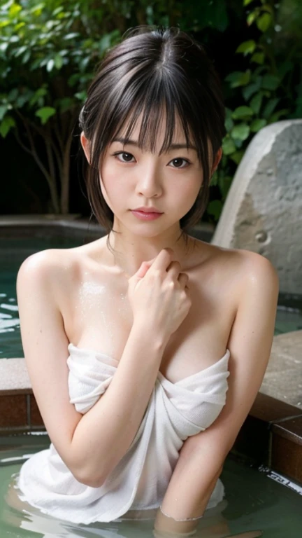 Highest quality, masterpiece, Ultra-high resolution, Supermodels bathing in Japanese hot springs, Outdoor hot spring, Stone hot spring, Moss and tree々Surrounded by, Super beautiful face, Pure Body, I can see my pores, (smile:0.8), Wearing split (lace headband:1.2), (realism:1.5), Original photo, Soaking wet, Sweaty, Bare shoulders, In the Dark, Deep Shadow, Low Key, Cold Light