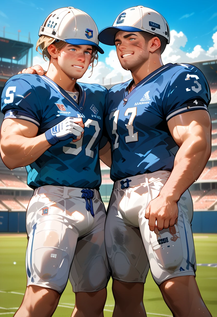 full view full body, two arrogant different monstruously over-muscular college white european blonde handsome young football linemen with blonde short undercut haircuts, in white socks, shoes off, over-inflated and over-bloated shoulders, abs, pecs, biceps and legs, wearing blue shiny lycra skinsuits, golden rings, sitting on bench in their socks, posing, flexing massive over-inflated biceps, showing off their white socked feet, no shoes, basketball yard
