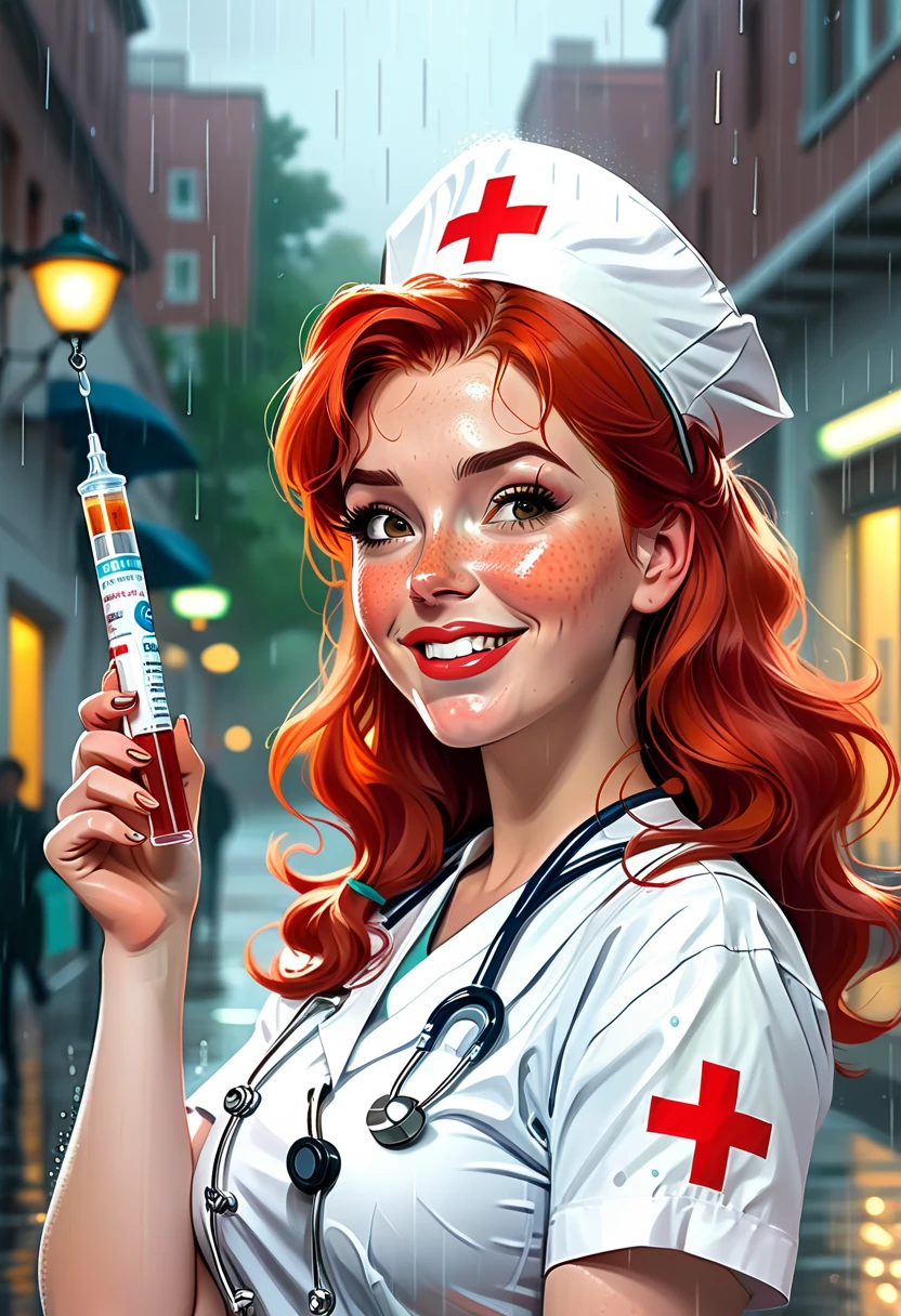 Cowboy shot, a comic book style nurse in latex gloves smiling sinisterly,1nurse,latex gloves,sinister smile,scaring patient,detailed facial features,high quality,vibrant colors,dynamic pose,exaggerated expressions,comic book style,digital painting,4k,photorealistic