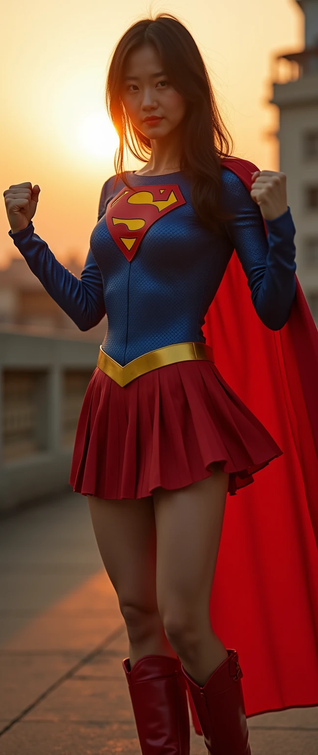 black hair woman posing for a photo,(wearing supergirl_cosplay_outfit:1.3),mini_skirt, good hand,4k, high-res, masterpiece, best quality, head:1.3,((Hasselblad photography)), finely detailed skin, sharp focus, (cinematic lighting), collarbone, night, soft lighting, dynamic angle, [:(detailed face:1.2):0.2],(((5 stars hotel))), outside,