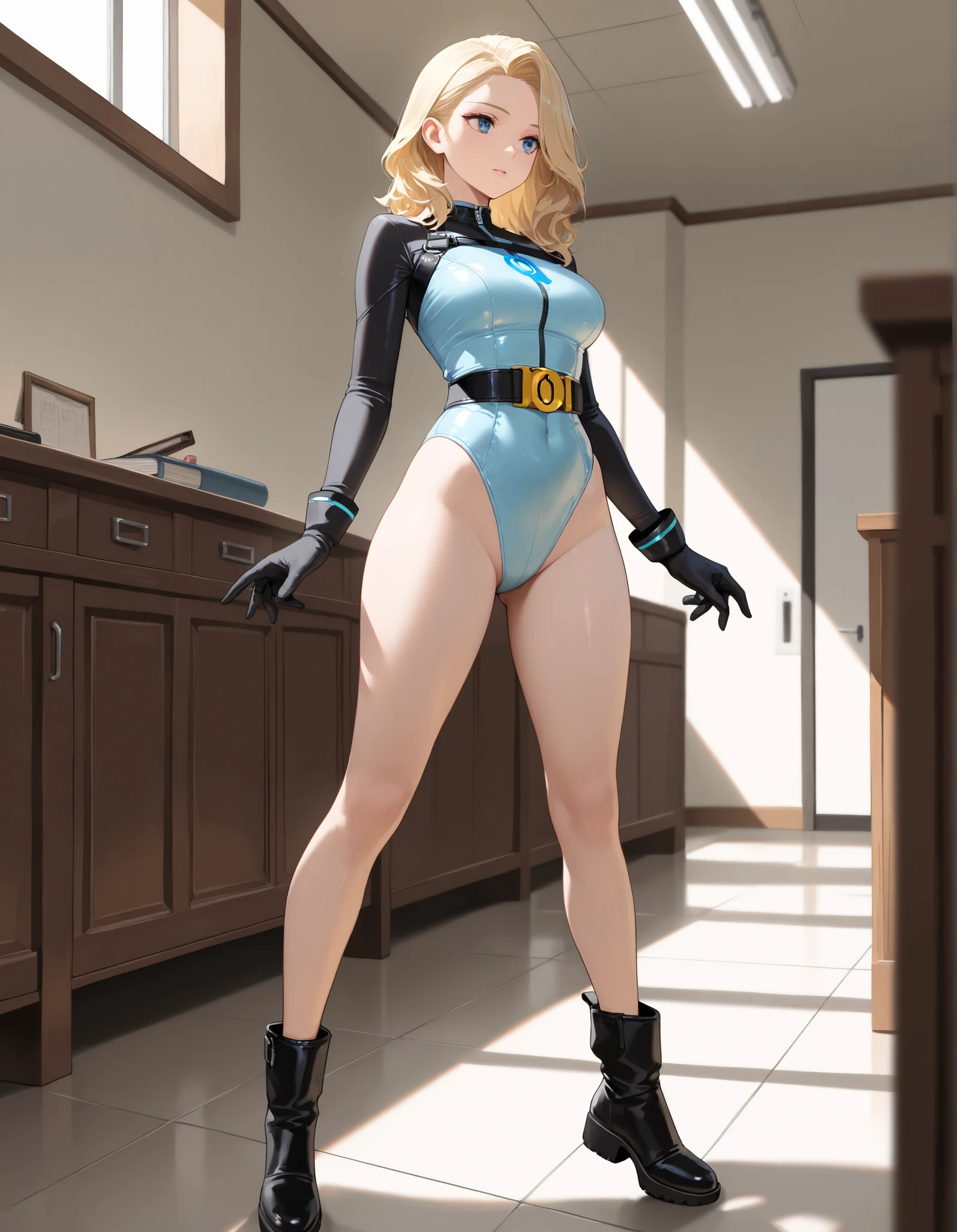 1girl, superhero, leotard, bare legs, matching boots, standing, solo focus, belt, hands on hip, full body shot, mature lady, blonde hair, bob hair, office