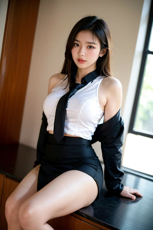 realisitic, Photorealistic: 1.37, Masterpiece, colourfull, Fine Indidel, Big, beautiful skin, Fair skin, One Woman, (20 Years Old Beautiful Korean Woman: 1.1), (kpop-idol, Mixed), (Caucasian and Mixed), (Western Look), Ultra High Definition, (8K, Raw foto, Best Quality, Masterpiece: 1.2), large full breasts, (realisitic )), attractive eyes, ( 50mm Sigma f/1.4 ZEISS lens, F1.2, 1/800s, ISO 100, a photo of: 1.1), (pony-tail + a blond: 1.2), (realisitic), Bokeh, edgy, (Photorealistic), live action photography, Solo, Top  Quality, very beautiful face, extremely beautiful eyes, Beautiful detailed eyes, floating hair, ((school uniformss)), open shirt blouse, Very short miniskirt, pleated skirt, White panties, thin, super beautiful legs, Tall, Beautiful Legs, ((thigh gaps)), (Model: 1.2), Laughing in front of you.: 1.1, Dynamic Pose, Open Legs, (makeups: 1.2), arms behind, Sitting