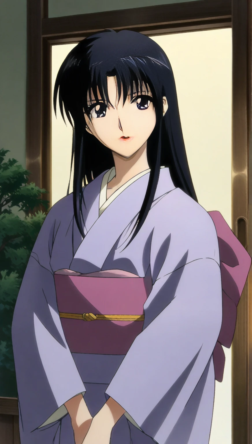 <lora:YukishiroTomoeV2:0.7> yukishiro_tomoe, huge breasts, standing, solo, white_kimono_purple_sash, masterpiece, best quality, detailed face, detailed eyes, highres,