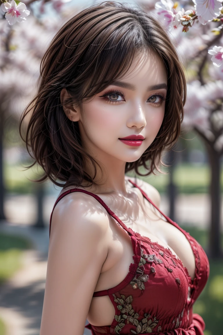 waist up, looking at viewer with a serene and goddess-like happiness, (againts pink leaves) tree, natural skin texture, 4k textures, soft cinematic light, intricate details, elegant, highly detailed, sharp focus, soothing tones, exposure blend, hdr, faded, hyperdetailed, backlighting, 85mm, close-up, best quality, (photorealistic:1.2), volumetric fog, analog style, (cinematic look), blonde, green eyes, bob hair, 1girl, glowing skin, blush, upturned eyes, cleavage