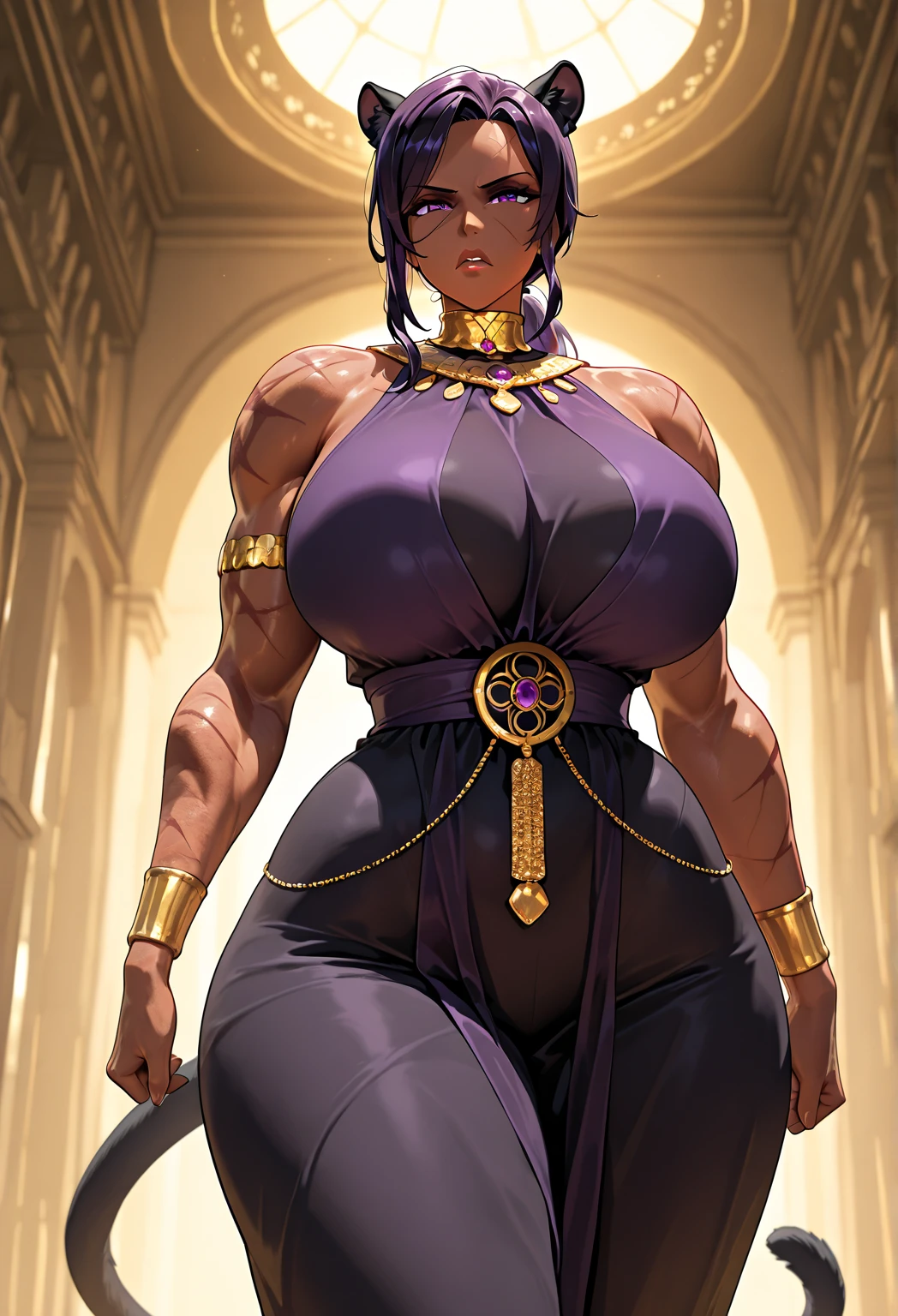 thighs, thick arms, muscular female , huge breast, tall female, long hair, absurd long hair , purple hair, abs ,curvy, thicc,walking,goddess, chain,tribal clothing, full body