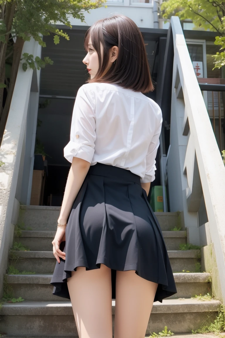 Photorealistic, ultra realistic 8k, FHD, trending on Deviant Art, high resolution, from behind, Enjo Kosai, a woman standing agains the wall, ass toward viewers, head turn, blissful expression, tongue out, JK uniform, tie, off-shoulder jacket, flared skirt, thicc thighs, messy hair, bulk, muscular, (((skirt lift))), soaked pussy, swollen, orgasm, classrom background, tables, chalkboard, depth of fields,