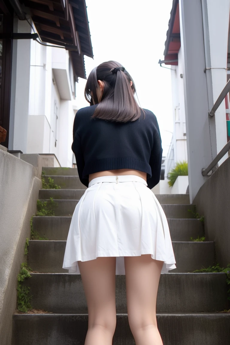 Highly detailed CG Unity 8K wallpaper, highest quality, Super detailed, masterpiece, realistic, photo realistic, Full body shot from a distance、Highly detailed cute girl, 14 years old, (((Try it yourself Skirt lift))), (lift it yourself), camel toe focus, blush, parted lips, looking at the viewer , naked pussy line、pastel shoulder blouse、pastel colored pleated skirt、Japan、city、black hair、shortcut、parted bangs ,slim legs、white skin、