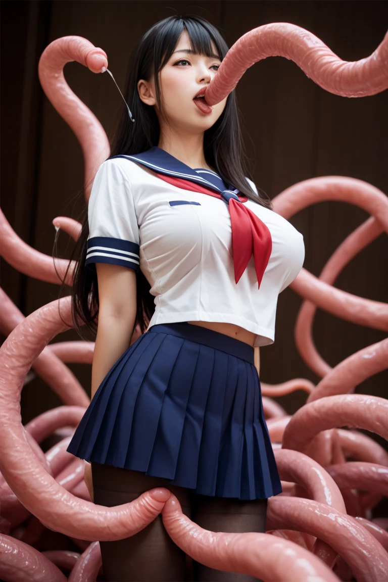 ultra realistic 8k cg, picture-perfect face, flawless, clean, masterpiece, Tentacle Sex, (Many alien tentacles:1.2), restrained, (Multiple inserts:1.2), (Suspended by tentacles:1.6), Tentacles grabbing the breats, Tentacles inserted into female genitalia, perfect face, beautiful face, beautiful eyes, ((perfect female body)), solo, (immersive atmosphere, chiaroscuro:1.5,bright light:1.2,luminous lighting), (blush:0.5),seductive expression,extremely detailed_eyes,short white hair,thick thighs,enormous breasts, deep cleavage,beautifully detailed background,depth of field,realistic:1.3, long shot,1girl,tight shirt,pleated short skirt, torn school uniform, sitting, full body, (ambient light:1.3),(cinematic composition:1.3),Accent Lighting, white thigh-high stockings,