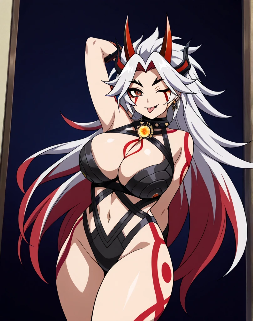 Lucy Pyre Demon Spawn, 1girl, solo, long hair, looking at viewer, wide grin, glowing, ahoge, open mouth, large breasts, hair ornament, red eyes, navel, cleavage, jewelry, medium breasts, very long hair, tail, swimsuit, white hair, bikini, cowboy shot, one eye closed, horns, choker, blunt bangs, necklace, collar, two side up, black bikini, fangs, black choker, demon girl, x hair ornament, demon horns, demon tail, holding, holding weapon, 9mm pistol, WATCH HER 9MM GO BANG - WA DA DA DANG - WA DA DA DA DA DANG! (shigure ui made her do it, and me too she locked me in Lucy's closet) , multi-strapped bikini, action pose, outdoors, <lora:LucyPyreXL:0.8>