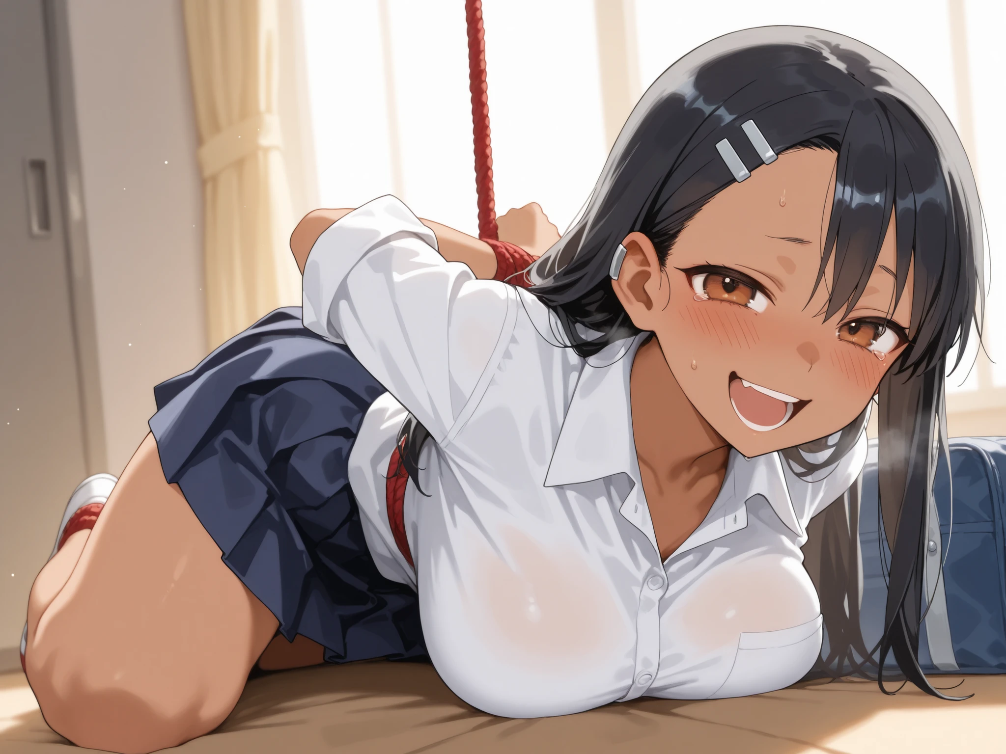 hayase nagatoro,1girl,mature, solo, black hair, grin, long hair, brown eyes, dark-skinned female, hair ornament, dark skin, shirt, blush, hairclip, looking at viewer, , white shirt, collarbon, bag, school uniform,large breast, earclip, collared shirt, full body, on stomach(Completely tied up),(Arms are tied up behind the head), kneeling, looking at viewers, tear up,((moaning,open mouth, seducative, ))