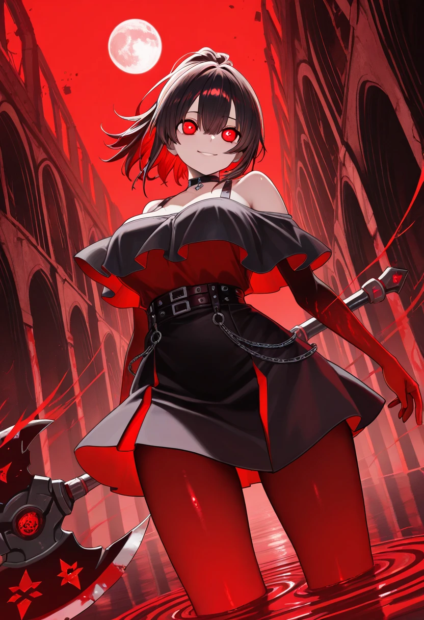 Anime Detailed Beautiful fantasy Woman, small , long black hair with red highlights, (big bulge), big cock, (big dick), silver eyes, hair tips are red, black cat ears, black cat tail, baggy fantasy clothes,