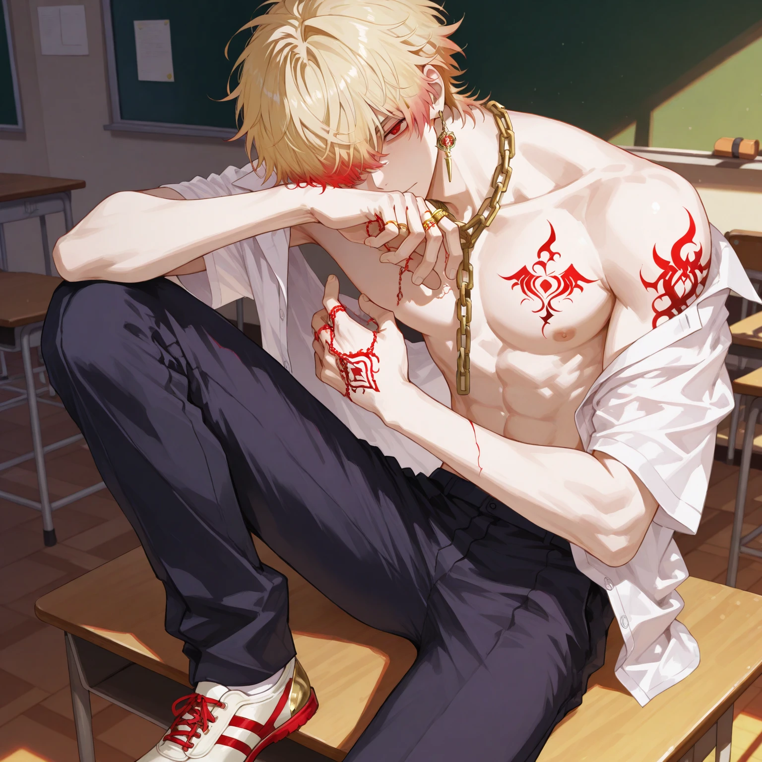 (absurdres, highres, ultra detailed), masterpiece, (GilgameshTopless:1.05), solo, looking at viewer, short hair, blonde hair, red eyes, 1boy, male focus, sitting, crossed legs, robe, naked, tones, tattoo, [from side], from below, fire, rumbles, ruined city, smiling, looking at viewer, looking down, dark background, sitting on debris, night, smoke, cowboy shot,