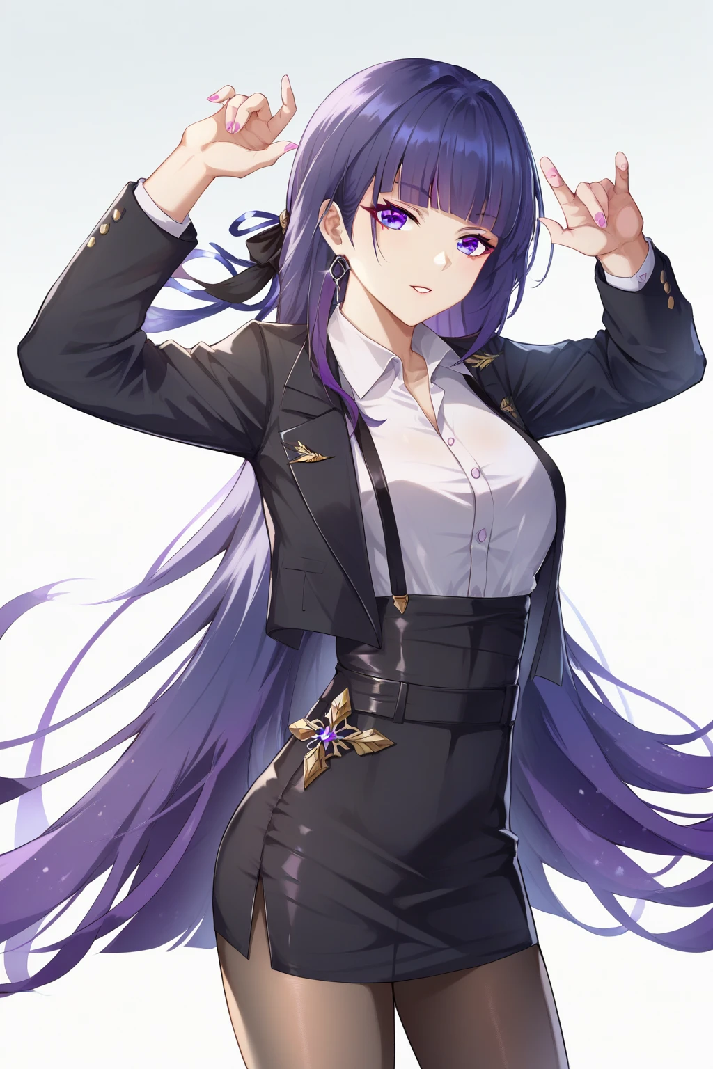 (masterpiece, best quality, high resolution, 8k:1.2),anime art style, nozaki yuu,anime, girl１people,(narrowed eyes, eyes half-closed, jitome), (rolling eyes:1.2), ((Eye_Pupil_Light:1.2)), closed mouth, blue hair, very long hair, (wavy hair:1.2), purple eyes, beautiful eyes, highly detailed face, Detailed CG, expressionless, solo,(black blazer, black miniskirt, black socks), looking at the viewer, in the center of the image, dynamic poses, dynamic angles,